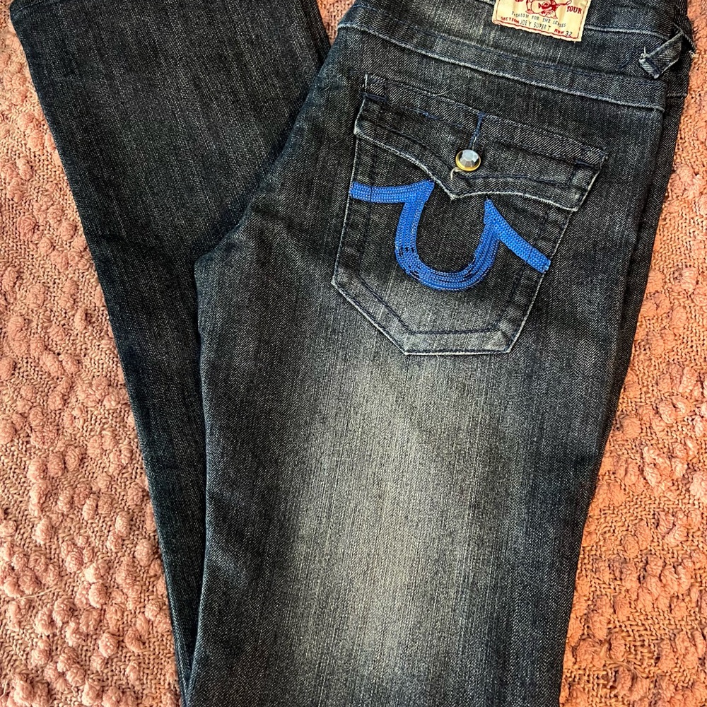 True Religion Women's Dark Wash Boot Cut Jeans with Blue sequin pocket